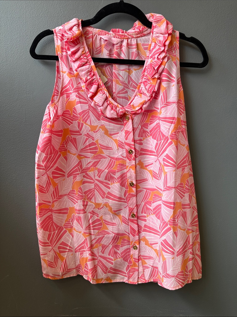 Lilly Pulitzer Pink and Yellow Ruffle V-Neck Button Front Blouse